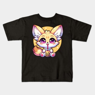 Kawaii Anime Fennec Fox Drinking Boba Bubble Tea Kids T-Shirt